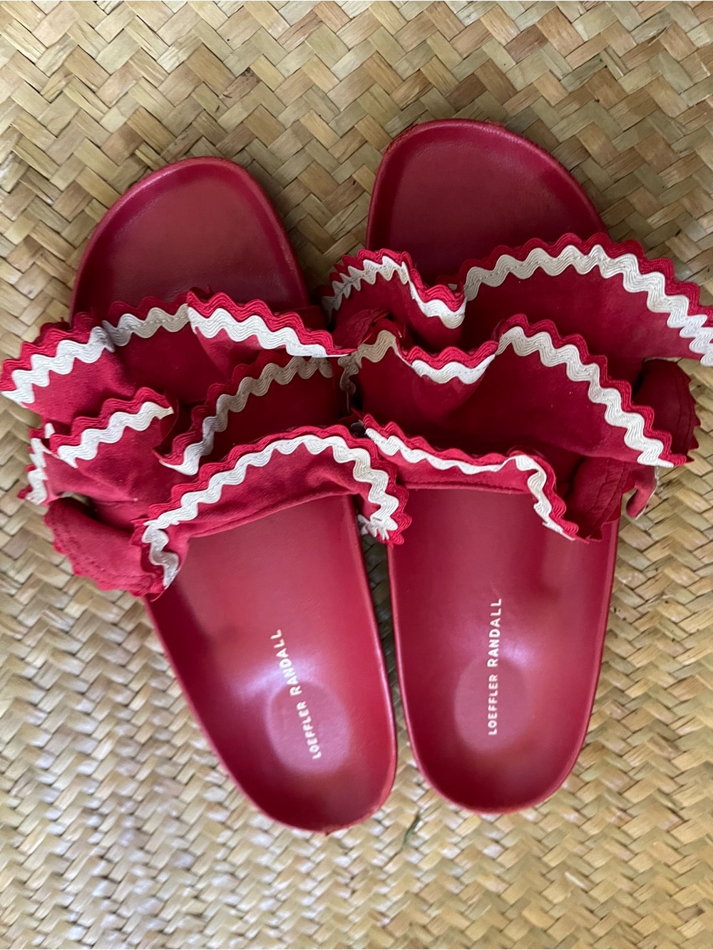 Loeffler Randall Red leather white and red ruffle slides. Retail $385. 9.5